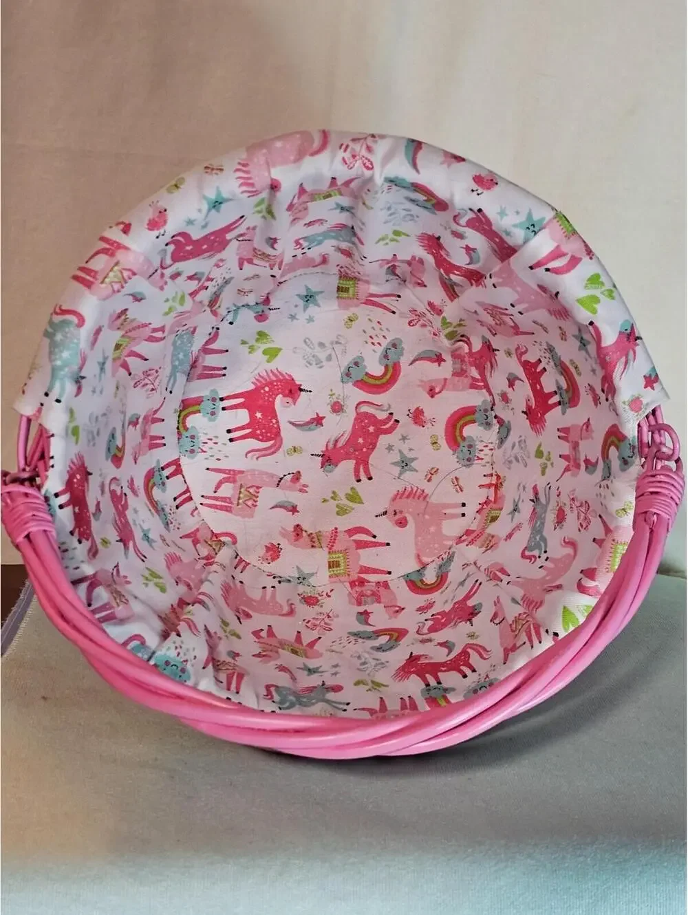 Pink Wicker Basket with Unicorn Liner – Kids, Easter, Gift, Storage